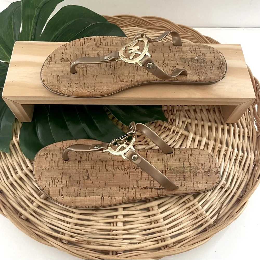 MICHAEL Michael Kors jelly flip-flops gold tone logo cork slip-on sandals size 8